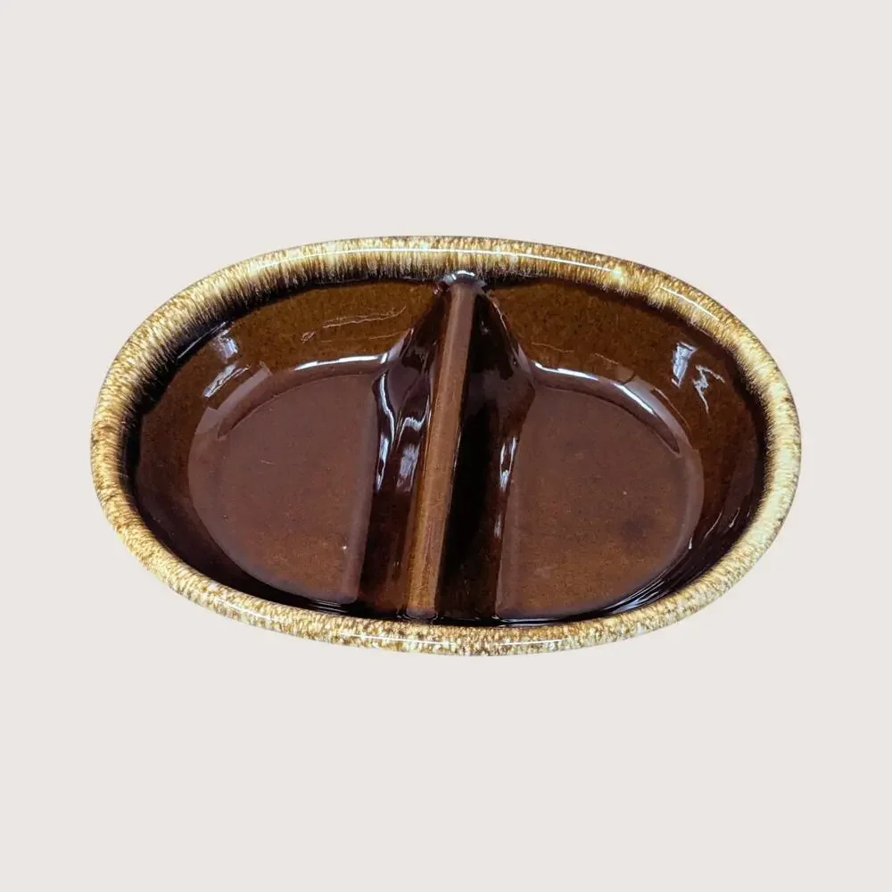 1970s Hull Pottery Brown Drip Divided Casserole Dish